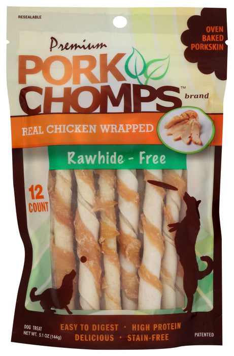 PORK CHOMPS: Premium Mini Real Chicken Wrapped Twists Dog Treat, 12 ea
