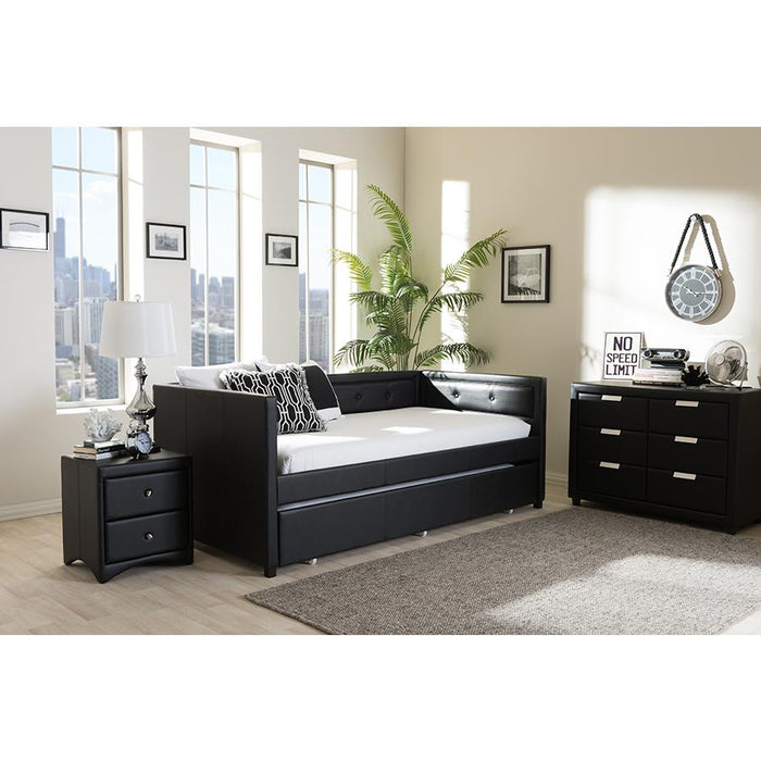 Black Faux Leather Button-Tufting Sofa Twin Daybed