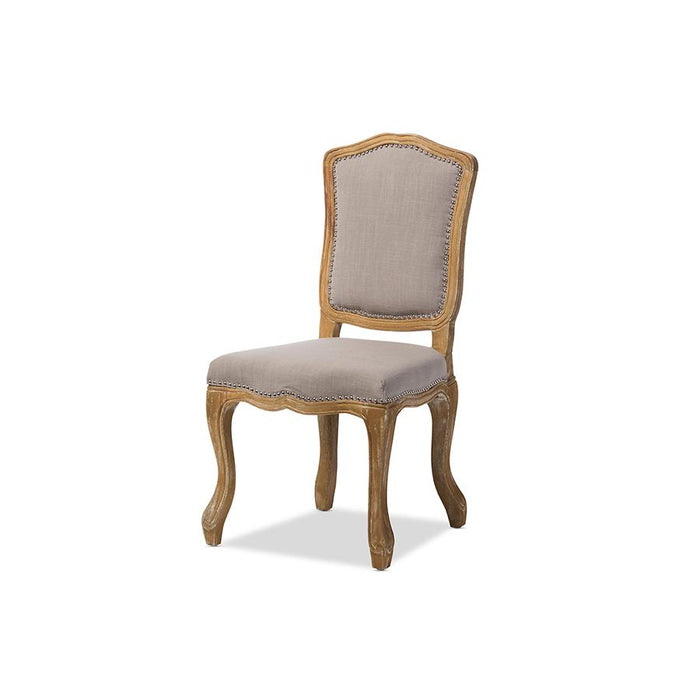 Cottage Weathered Oak Beige Fabric Upholstered Dining Side Chair