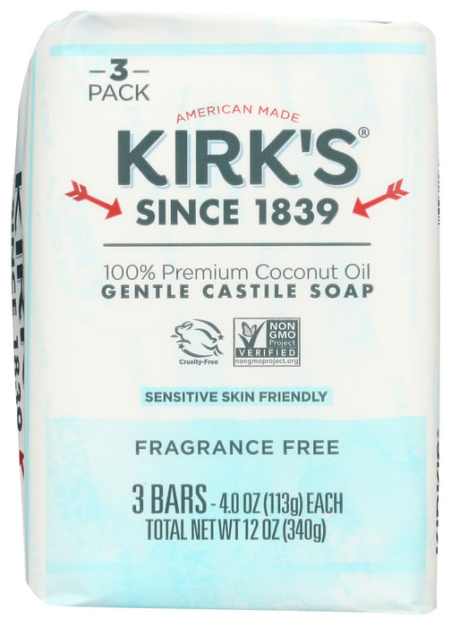 KIRKS: Original Coco Castile Bar Soap Fragrance Free 3x4oz Bars, 12 oz