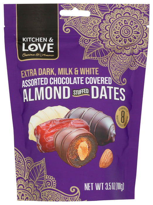 KITCHEN AND LOVE: Extra Dark Milk And White Assorted Chocolate Covered Almond Stuffed Dates, 3.5 oz