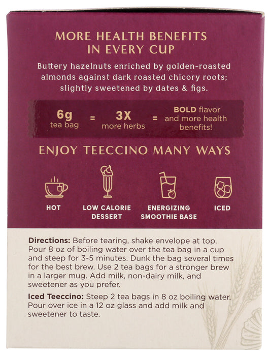 TEECCINO: Chicory Herbal Tea Medium Roast Caffeine Free Hazelnut 10 Tea Bags, 2.12 Oz