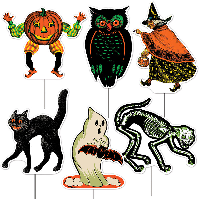 Plastic Vintage Halloween Yard Signs – 11½"-12¼" – (6/Pkg) by Beistle for Halloween-Vintage Plastic Yard Signs