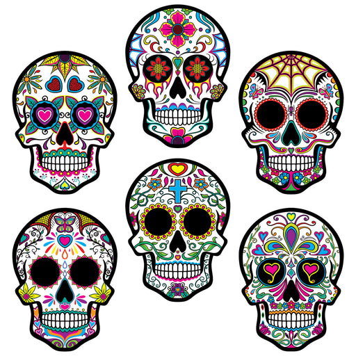 DOD Sugar Skull Cutouts – 8¾" x 6¼" – (6/Pkg) by Beistle for Day of the Dead Printed
