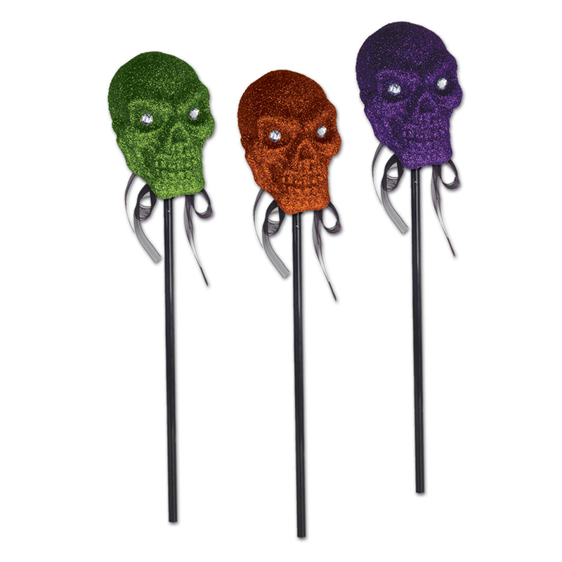 Glittered Plastic Skulls w/Stick – 16" – (1/Pkg)
