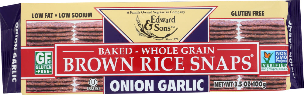 EDWARD & SONS: Brown Rice Snaps Onion Garlic, 3.5 oz