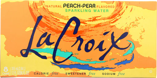 Enjoy a thirst-quenching beverage by having a can of La Croix Peach Pear Sparkling Water. With the sweet smell of peach, a rounded pear taste and a carbonated water base, this drink provides a light, refreshing taste and a delightful fizz. It's 100% natural and contains no calories, artificial sweeteners and sodium for a healthy, guilt-free carbonated drink option.