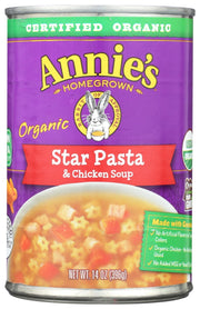 Annie's Organic Star Pasta &amp; Chicken is one of the all STARs of our organic soup line. A wholesome take on the classic-shaped noodle, our version is made with fun star-shaped noodles and yummy pieces of organic chicken. You won't find any artificial flavors, synthetic colors, preservatives, or MSG hiding here¦ just organic comfort, by the spoonful. So hop on over to the soup aisle and reach for the stars.