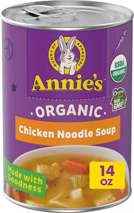 Brace your spoons, Annie's new Organic Chicken Noodle Soup is here! Our classic chicken noodle is packed with egg noodles, organic chicken, and yummy veggies like carrots and celery. You won't find any artificial flavors, synthetic colors, preservatives, added MSG or yeast extract hiding here - just spoonable organic goodness, perfect for the whole fam.