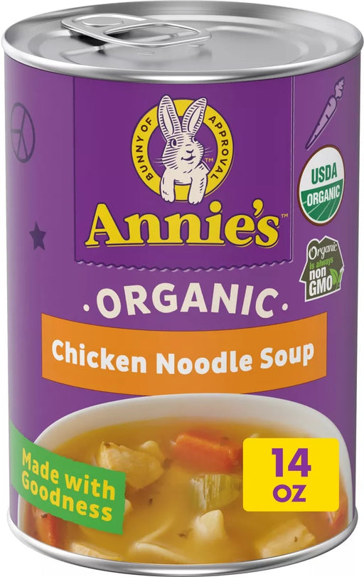 Brace your spoons, Annie's new Organic Chicken Noodle Soup is here! Our classic chicken noodle is packed with egg noodles, organic chicken, and yummy veggies like carrots and celery. You won't find any artificial flavors, synthetic colors, preservatives, added MSG or yeast extract hiding here - just spoonable organic goodness, perfect for the whole fam.