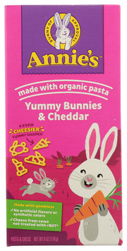 Bunny Pasta Shapes with Yummy Cheese
Annie's Bunny Shape Pasta with Reduced Sodium Cheese combines our yummy reduced-sodium cheese with fun bunny and carrot shaped pasta. We all know how hard it is to get kids to eat healthy, nutritious food, so we thought we'd help out all you frustrated parents by making our mac &amp; cheese a little more fun. The bunny and carrot shapes were created in honor of Bernie, our favorite Rabbit of Approval. Now kids can have a totally delicious meal and enjoy eating it too!