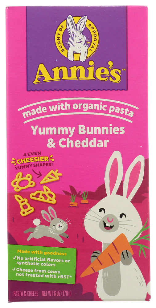 Bunny Pasta Shapes with Yummy Cheese
Annie's Bunny Shape Pasta with Reduced Sodium Cheese combines our yummy reduced-sodium cheese with fun bunny and carrot shaped pasta. We all know how hard it is to get kids to eat healthy, nutritious food, so we thought we'd help out all you frustrated parents by making our mac &amp; cheese a little more fun. The bunny and carrot shapes were created in honor of Bernie, our favorite Rabbit of Approval. Now kids can have a totally delicious meal and enjoy eating it too!