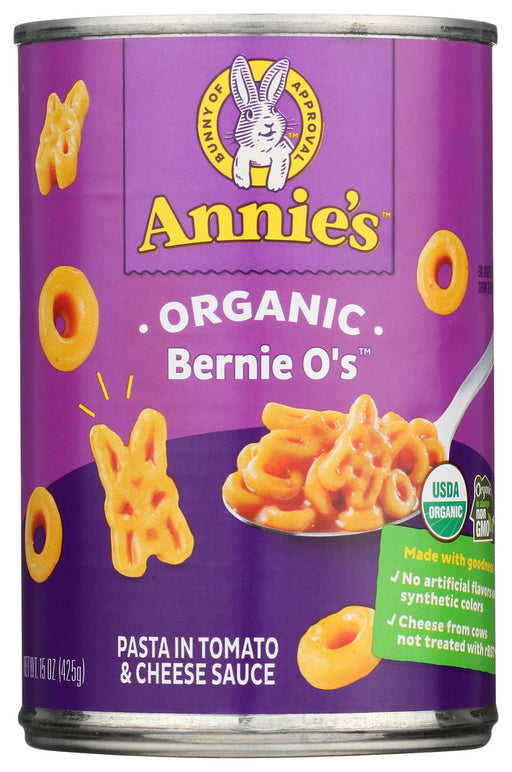 Bernie O's Pasta in Tomato And Cheese Sauce
Annie's Bernie O's Pasta is made with certified organic pasta and a yummy certified organic tomato and cheese sauce. Organic Bernie O's are perfect for that toddler learning to feed him or herself or for that late night snack in your college dorm room.