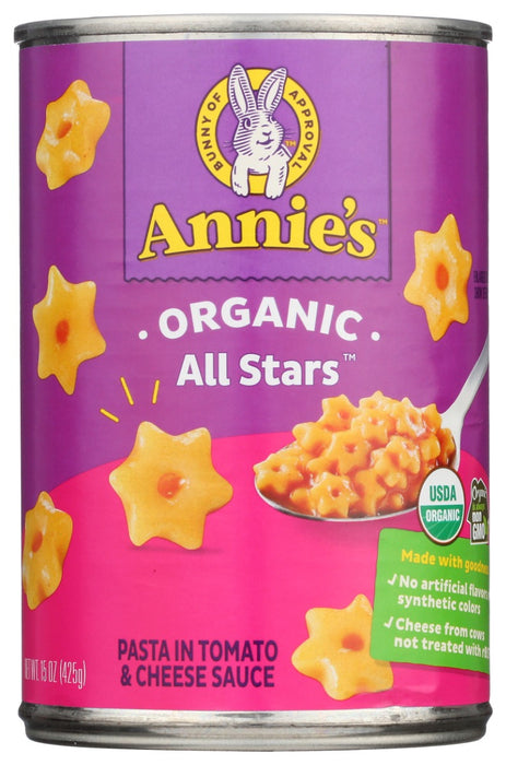 All Stars Pasta in Tomato And Cheese Sauce
Got an All Star in your family? Feed them Annie's Organic All Stars, made with fun, certified organic star shaped pasta and a yummy certified organic tomato and cheese sauce. Organic All Stars are perfect for that toddler learning to feed him or herself or for that late night snack in your college dorm room. Either way, All Stars are fun for kids of any age!