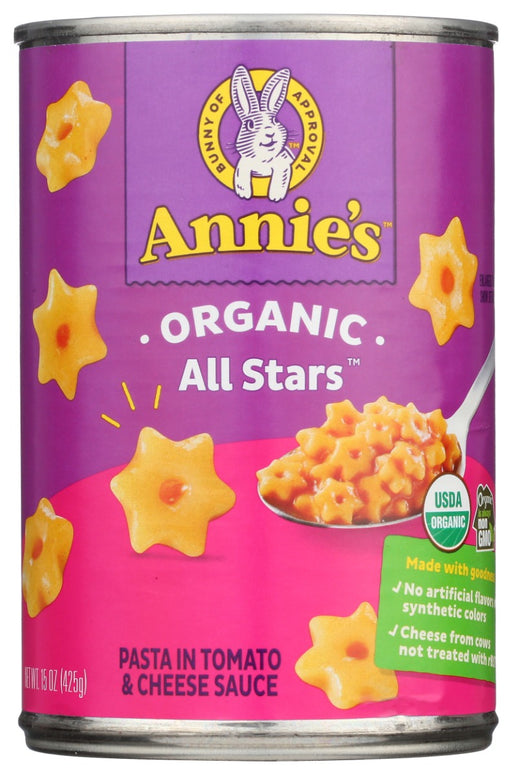 All Stars Pasta in Tomato And Cheese Sauce
Got an All Star in your family? Feed them Annie's Organic All Stars, made with fun, certified organic star shaped pasta and a yummy certified organic tomato and cheese sauce. Organic All Stars are perfect for that toddler learning to feed him or herself or for that late night snack in your college dorm room. Either way, All Stars are fun for kids of any age!