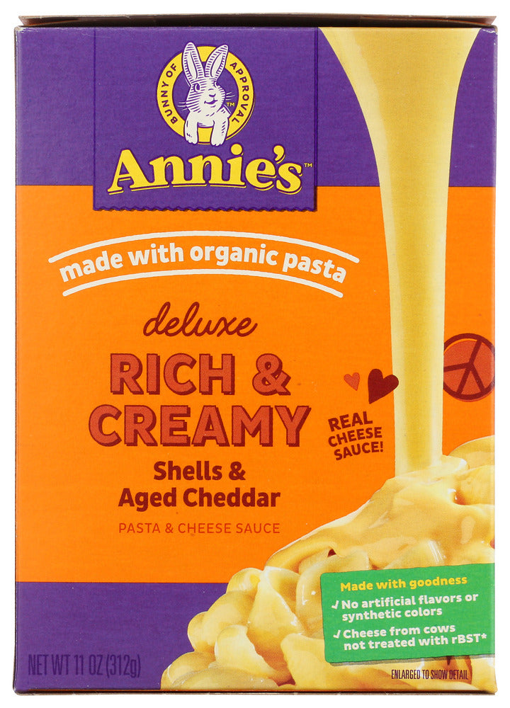 Deluxe Shells &amp; Real Aged Cheddar
This creamy, deluxe version of our Shells &amp; Real Aged Cheddar is made with certified organic pasta and real aged cheddar cheese. No additional ingredients are required for our Deluxe Mac &amp; Cheese &ndash; just cook the pasta and squeeze in the creamy cheese. In just minutes you'll have a yummy, deluxe mac &amp; cheese for all to enjoy.