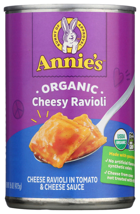 Cheesy Ravioli in Tomato And Cheese Sauce
Easy and cheesy! Annie's certified organic Cheesy Ravioli is made with organic pasta &ldquo;pillows&rdquo; filled with yummy organic cheese smothered in our traditional organic tomato and cheese sauce. Cheesy Ravioli is perfect for kids of all ages and only takes minutes to heat up on the stove or in the microwave.