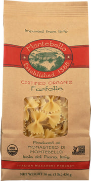 Dating back to the 16th century, farfalle is one of Italy's oldest cuts of pasta. The word œfarfalle means œbutterfly in Italian, but it's also known for its bow-tie shape. It's a cut particularly good for serving with cream or tomato sauces. Our version is made using durum wheat semolina organically grown on a small cooperative of family farms in the rolling hills overlooking the Adriatic Sea. Try it with a creamy vodka sauce for a hearty dish the whole family will love.