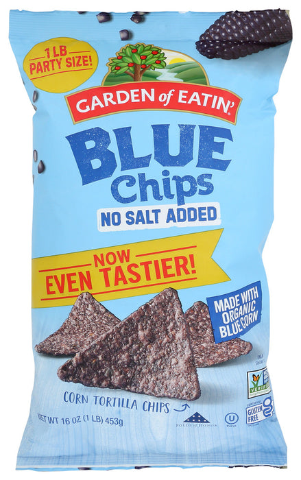 GARDEN OF EATIN: Blue Corn Chips No Salt Added, 16 oz