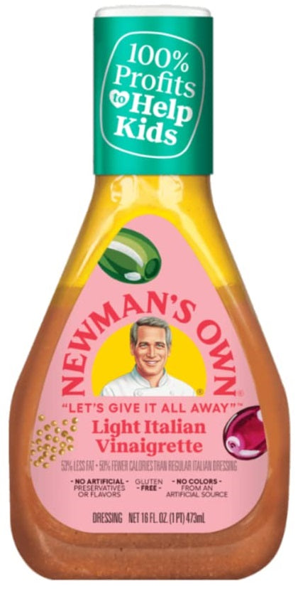 Newman's Own Light Italian dressing is packed full of seasonings and traditional flavors, but contains 53% less fat, 50% fewer calories than regular Italian dressing.
This great tasting dressing is also gluten free with no artificial preservatives, flavors, or colors from an artificial source.