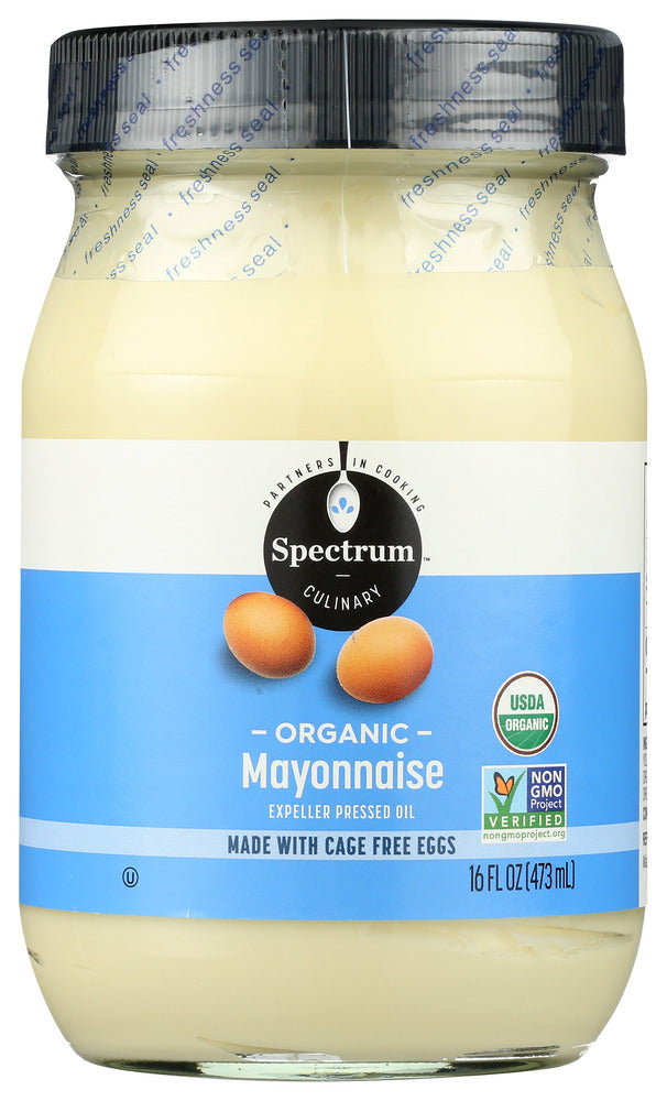 Spectrum® brand Organic Mayonnaise with Cage Free Eggs is smooth, delicious, and made with eggs exclusively from hens raised in a cage-free environment. Try it on roasted turkey sandwiches, on BLTs, or in your favorite veggie dip.