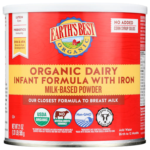 Earth's Best Organic&reg; Infant Formula with iron is produced using organic milk sourced from farms where cows are not given added growth hormones or antibiotics. This formula contains NO ADDED corn syrup solids and is fortified with iron for red blood cell development. Your child will also receive DHA and ARA, two fatty acids found in breast milk that help support brain and eye health, lutein for eyes, and prebiotic fiber for immunity.