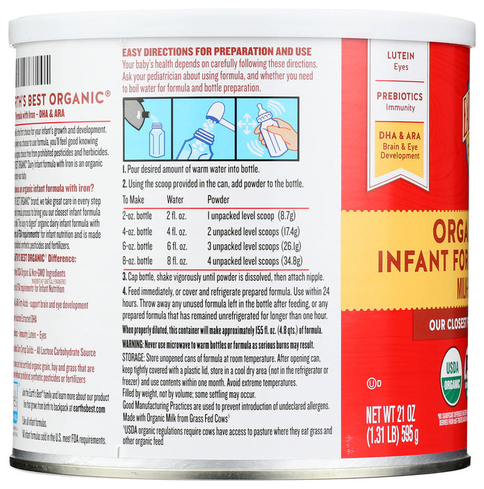 EARTH'S BEST: Organic Infant Formula with Iron, 21 oz
