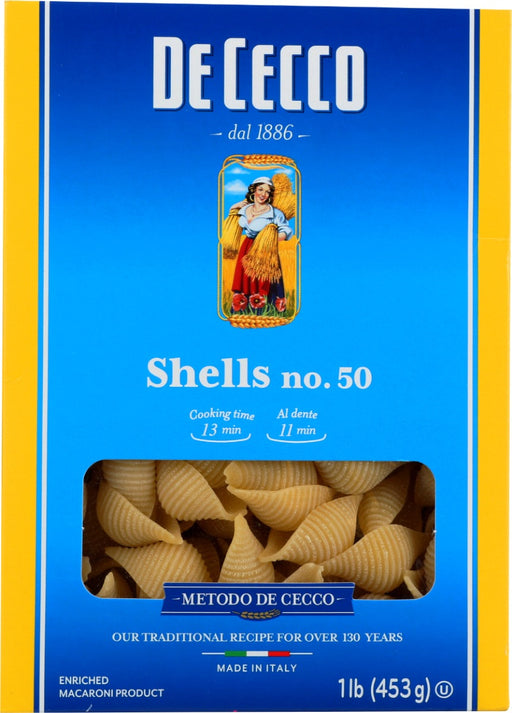 Shells, which originate from the Campania region, are now very popular all over Italy. The name comes from the shape which resembles a seashell and is one of the most popular pasta shapes because it can capture any kind of sauce. This pasta is especially good in oven-baked recipes, with fish or meat sauces, as well as being excellent when accompanied by light tomato sauces, with ricotta or pesto alla genovese. Available in 1 lb pack.