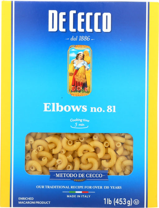 The name Elbows is the translation of the Italian œGomiti.The double-ended opening makes this pasta perfect with less dense, more liquid sauces, all of which are captured inside it. Elbows are excellent just with a simple tomato sauce, but are also delicious with sauces made from beef, pork or vegetables. Absolutely perfect for the America's favorite Mac & Cheese.