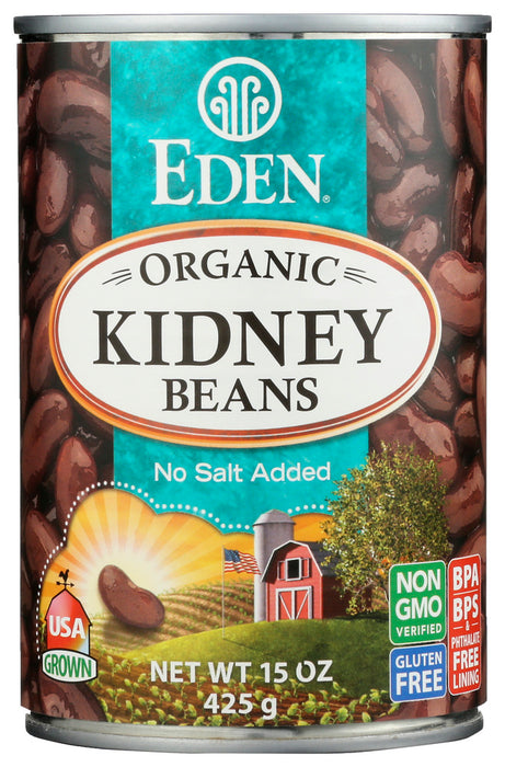 Organic U.S.A. family farm large red kidney beans soaked overnight and thoroughly cooked at Eden's certified organic and kosher cannery with purified water and zero chemical additives. Great in soups, stews, salads, chili, refried beans, dips, and with all whole grain. A phenomenal source of healthy fiber, 40 percent daily value per serving, plus a good source of potassium, protein, thiamin B1, folate B9, and magnesium. No salt added. Packed in bisphenol-A (BPA) free can linings since April 1999.