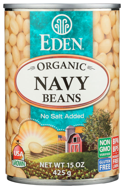 Navy beans are white and have mild delicious taste. An American native and relative of great northern and cannellini beans, they are also called pearl haricot, haricot, and Boston beans. They are the traditional bean of Boston Baked Beans and Senate Bean Soup. No salt added EDEN beans in BPA, BPS, and phthalate free cans since 1999.