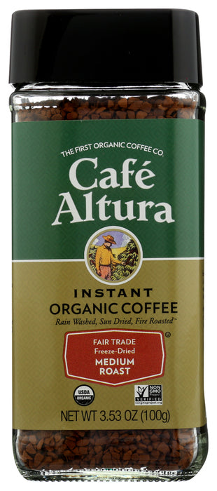 CAFE ALTURA FREEZE DRIED COFFEE is an exclusively sourced blend of organically grown 100% Arabica Coffees selected from three continents. Then it's freeze dried by an exclusive Certified organic process to maintain the taste and aroma of real coffee. All coffee is grown sustainably by small farm indigenous growers who form the basis for Fair Trade exchange.