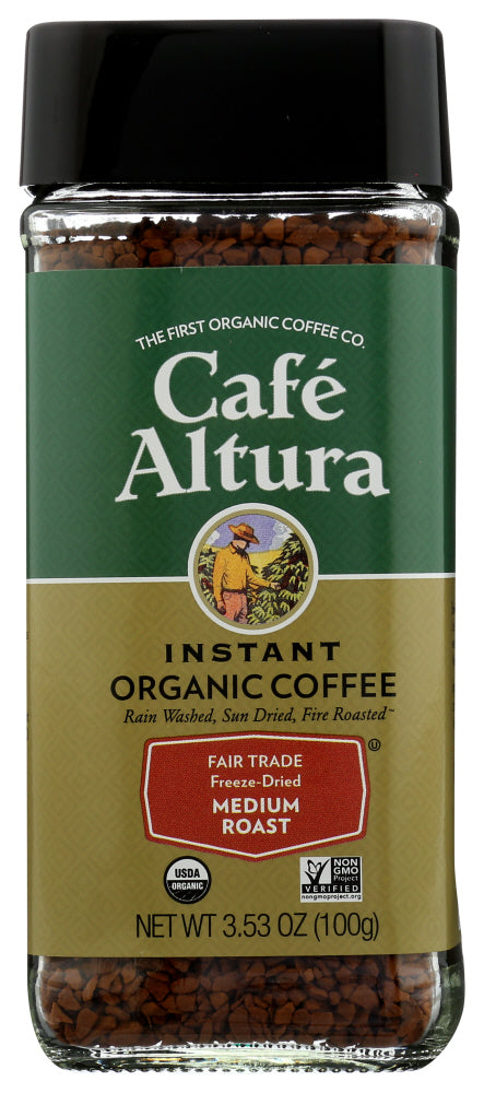 CAFE ALTURA FREEZE DRIED COFFEE is an exclusively sourced blend of organically grown 100% Arabica Coffees selected from three continents. Then it's freeze dried by an exclusive Certified organic process to maintain the taste and aroma of real coffee. All coffee is grown sustainably by small farm indigenous growers who form the basis for Fair Trade exchange.