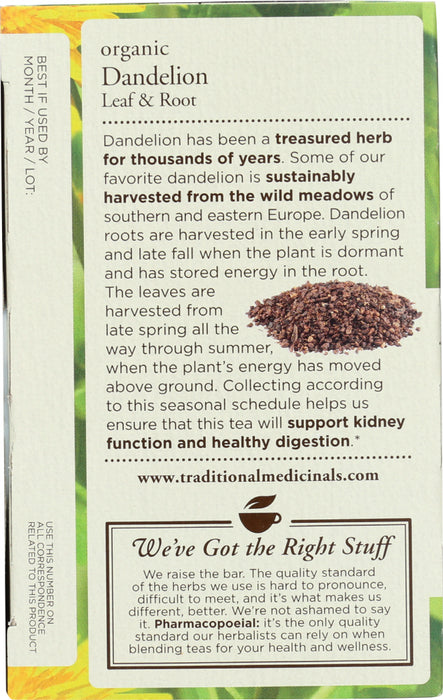 TRADITIONAL MEDICINALS: Organic Dandelion Leaf & Root Caffeine Free Herbal Tea 16 Tea Bags, 0.99 oz