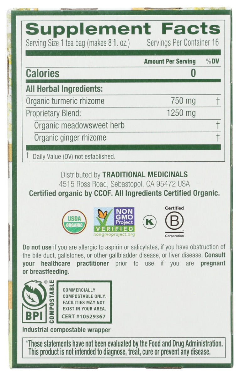 TRADITIONAL MEDICINALS: Organic Turmeric With Meadowsweet and Ginger Tea, 16 bg