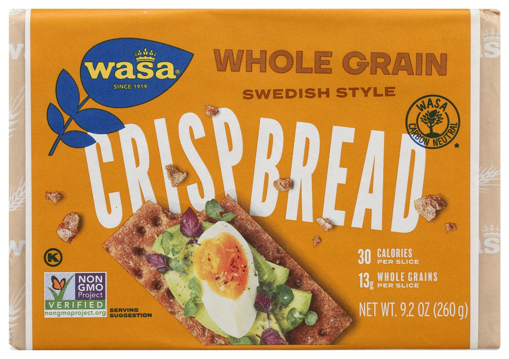 Whole Grain crispbread is a wholesome and filling combination of whole grain rye flour,  yeast and salt. Made with 100% whole grain, Wasa Whole Grain crispbread provides 12g of whole grains and  2g of fiber (8% of the Daily Value) in every crunchy slice.