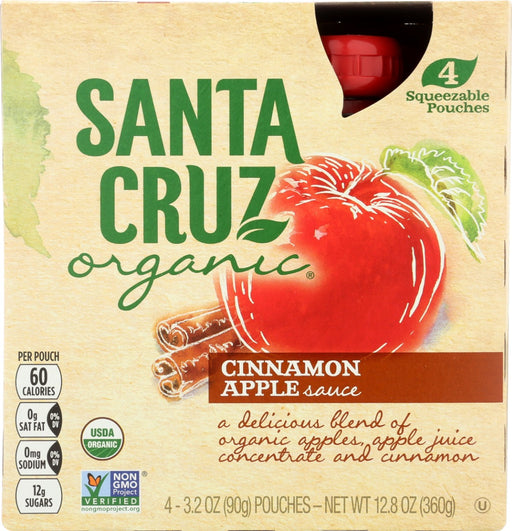 These convenient 3.2oz pouches are perfect for on-the-go or packing in school lunches. This apple sauce is an excellent source of vitamin C and is made by first grinding organic apples into a smooth blend. A touch of cinnamon brings a satisfying spiced flavor. Certified USDA organic and Non-GMO Project Verified, Santa Cruz Organic Cinnamon Apple Sauce is a great choice as a side dish or snack.