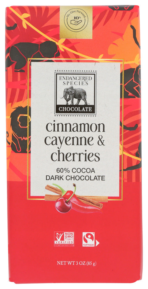 ENDANGERED SPECIES: Chocolate Natural 60% Dark Chocolate Bar Cinnamon Cayenne & Cherries, 3 Oz - No Brand For Less