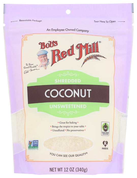

Bob's Red Mill Shredded Coconut is unsweetened and unsulfured, making it ideal for baked goods, granola and more. It's also a good source of fiber! Rich in flavor with no preservatives, this coconut is perfect for traditional favorites like coconut macaroons and carrot cake muffins. Use it to create a luscious German chocolate cake or sprinkle it over a lemon meringue pie for additional visual interest (and deliciousness).

