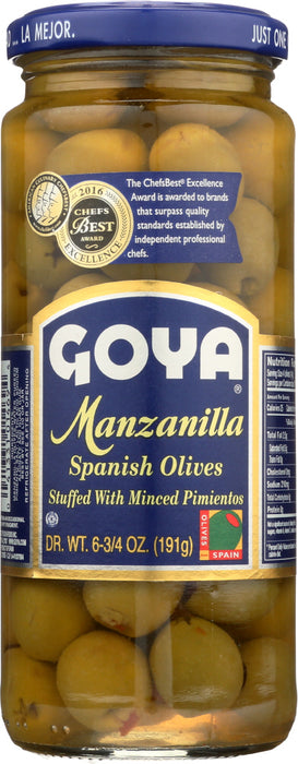GOYA: Olives Spanish Manzanilla with Stuffed Minced Pimientos, 6.75 oz