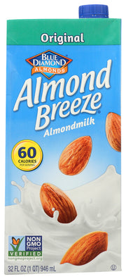 Made with real California almonds, Almond Breeze® Original is a deliciously creamy alternative to dairy and soymilk. Almond Breeze® Original is lactose free, soy free, calcium enriched, and contains only 60 calories per glass”that's half the calories of 2% milk. ( 1 cup of USDA 2% fat dairy milk contains 122 calories vs. 1 cup of Almond Breeze® Original contains 60 calories. Data from USDA National Nutrient Database for Standard Reference, Release 28.)
