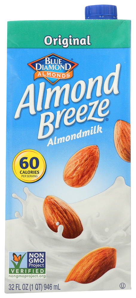 Made with real California almonds, Almond Breeze® Original is a deliciously creamy alternative to dairy and soymilk. Almond Breeze® Original is lactose free, soy free, calcium enriched, and contains only 60 calories per glass”that's half the calories of 2% milk. ( 1 cup of USDA 2% fat dairy milk contains 122 calories vs. 1 cup of Almond Breeze® Original contains 60 calories. Data from USDA National Nutrient Database for Standard Reference, Release 28.)