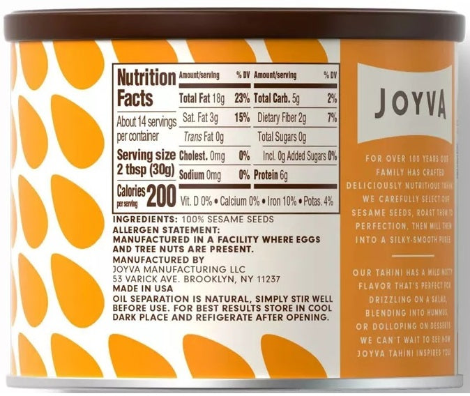 JOYVA: Sesame Tahini Creamy Puree Of Sesame Seeds, 15 oz