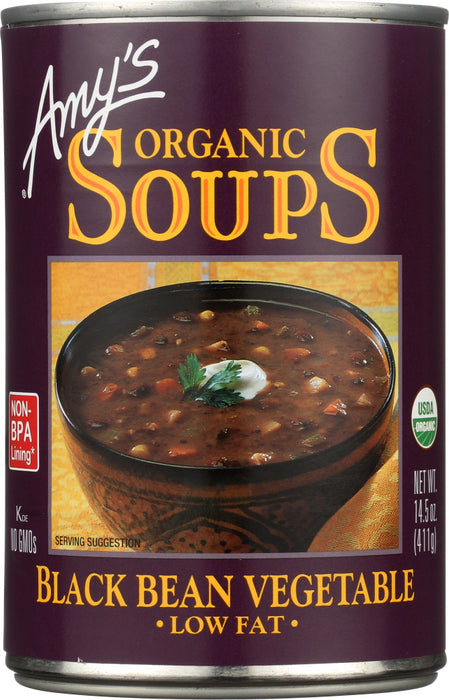 The full rich flavor of Amy's Black Bean Vegetable Soup has made it a favorite with our whole family ever since we first tasted it in a lovely little restaurant in Puerto Escondido, Mexico (and begged the owner for the recipe). This delicious soup is high in fiber, low in fat and a good source of protein. It contains no cholesterol, gluten or dairy.