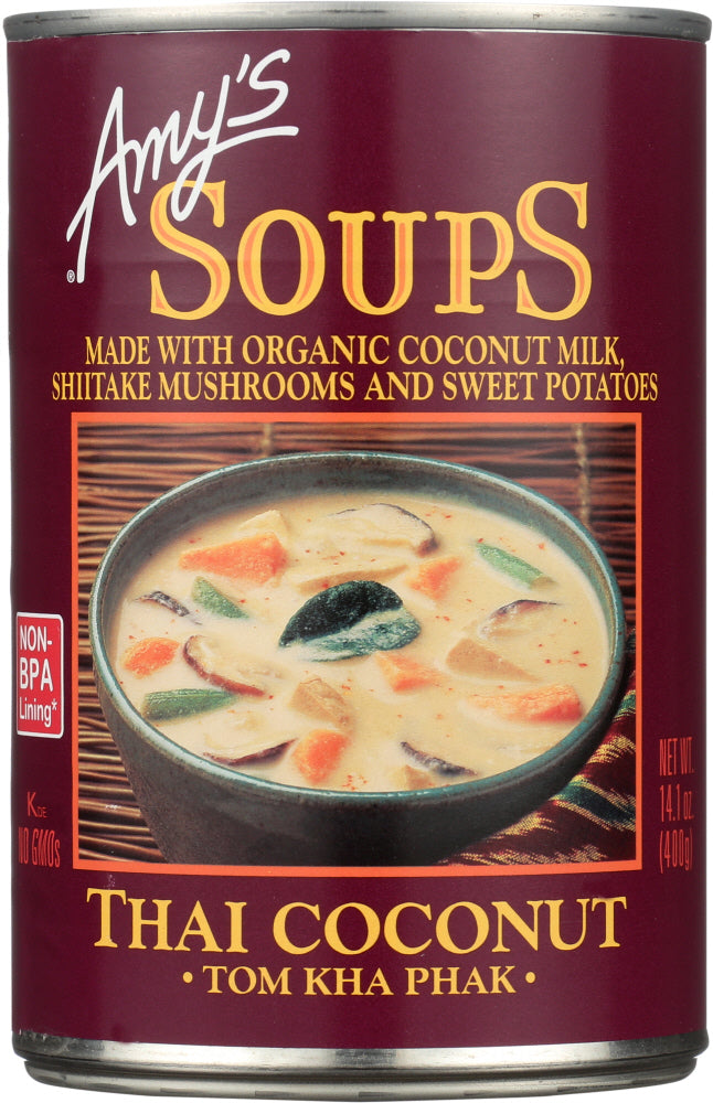Amy's version combines sweet coconut milk with mild spices, lime leaf, lemongrass, house-made organic tofu, shiitake mushrooms, sweet potatoes, green beans and other organic vegetables. Try it over rice, too. Gluten free/dairy free/lactose free/vegan/kosher/plant based