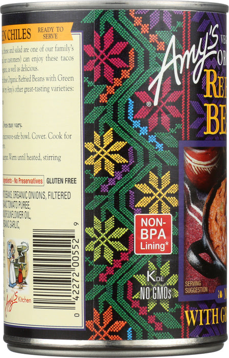 AMY'S: Vegetarian Organic Refried Beans with Green Chiles Mild, 15.4 Oz
