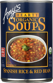 Amy's Spanish Rice and Red Beans is a robust soup that combines organic brown rice with organic red beans, tomatoes, onions, bell peppers, corn and green chiles.