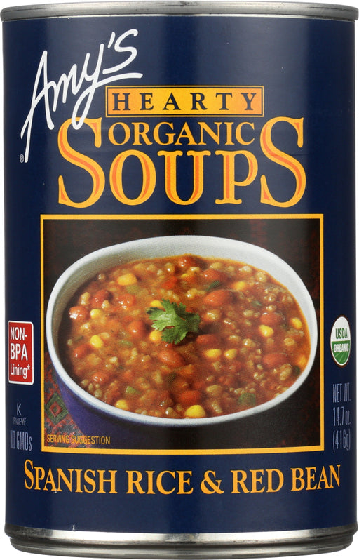Amy's Spanish Rice and Red Beans is a robust soup that combines organic brown rice with organic red beans, tomatoes, onions, bell peppers, corn and green chiles.