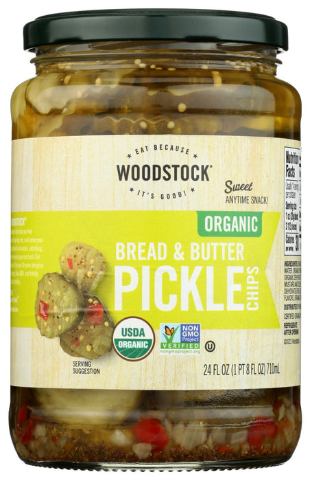 Woodstock's Organic Bread and Butter pickle chips have the perfect balance of salty and sweet! Marinated with red bell peppers and onion, these pickles are a flavorful and fun choice for your next burger or sandwich.