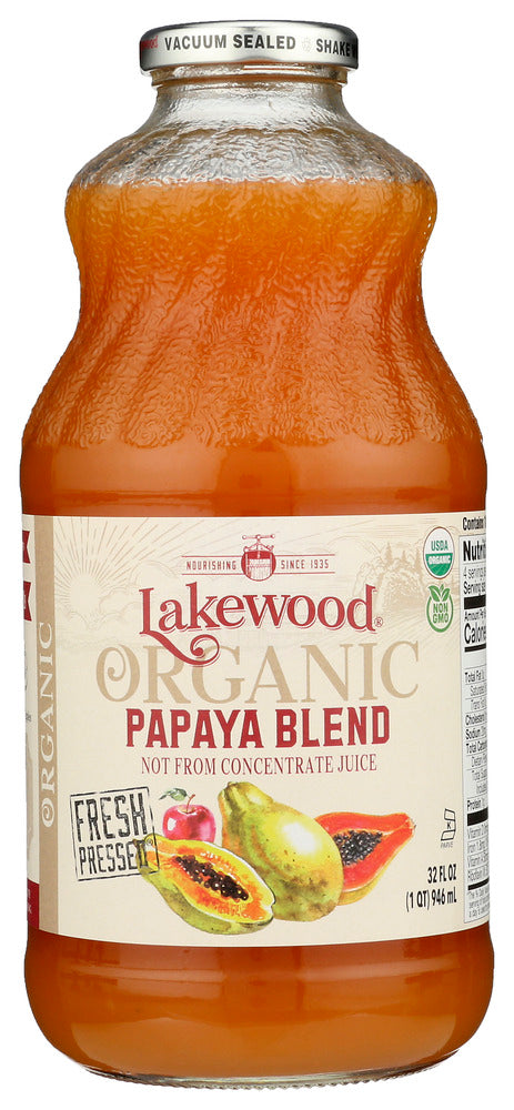Juice Pressed from Fresh Papayas &amp; Apples
Not from Concentrate
Lakewood juices do not contain preservatives
Certified Organic “ Grown and harvested in accordance with the National Organic Program. No synthetically compounded fertilizers, pesticides, herbicides or growth regulators. All Lakewood Juices are Pressed, Pasteurized, Bottled, and Vacuum Safety Sealed in Certified Organic Facilities.